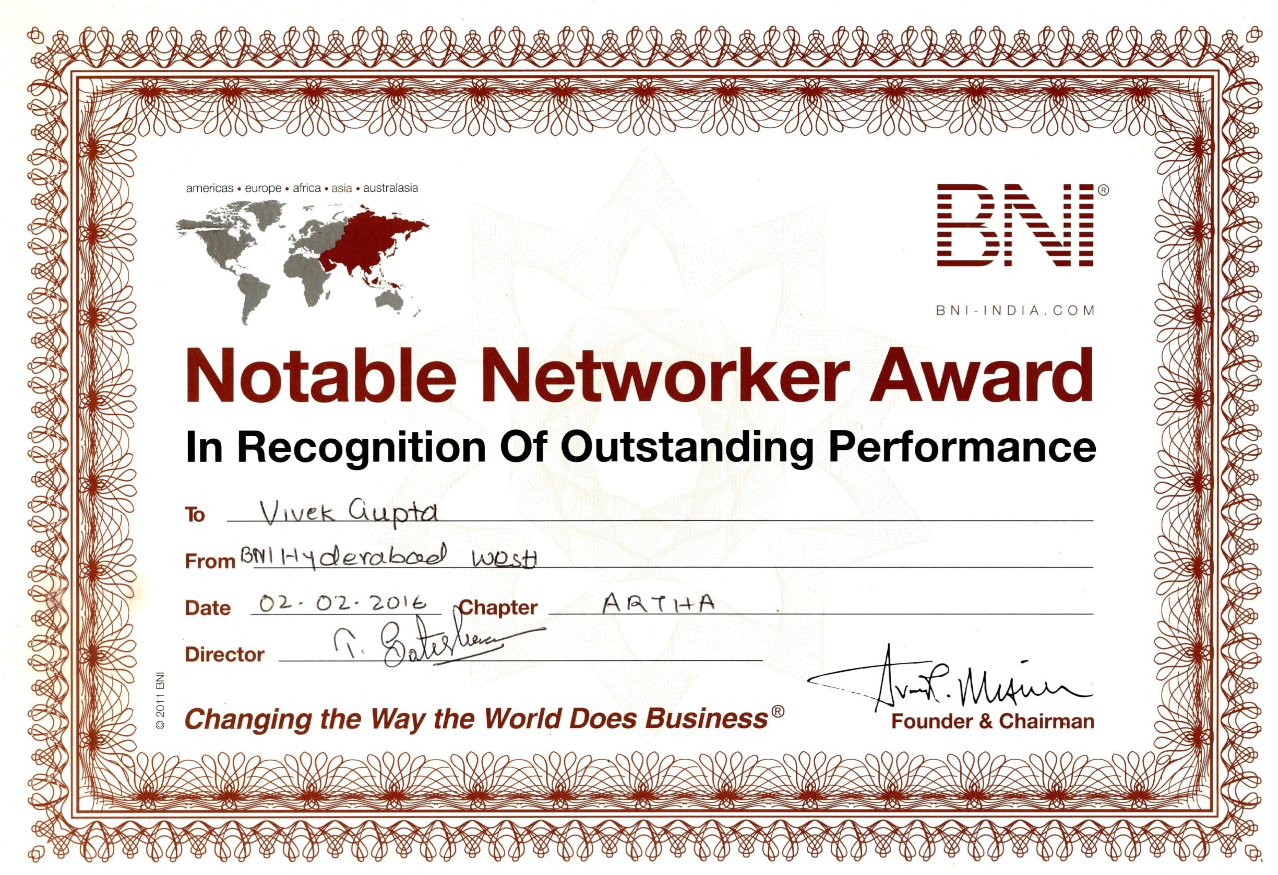 2016 02 02 ARTHA RECOGNITION SATISH KUMAR