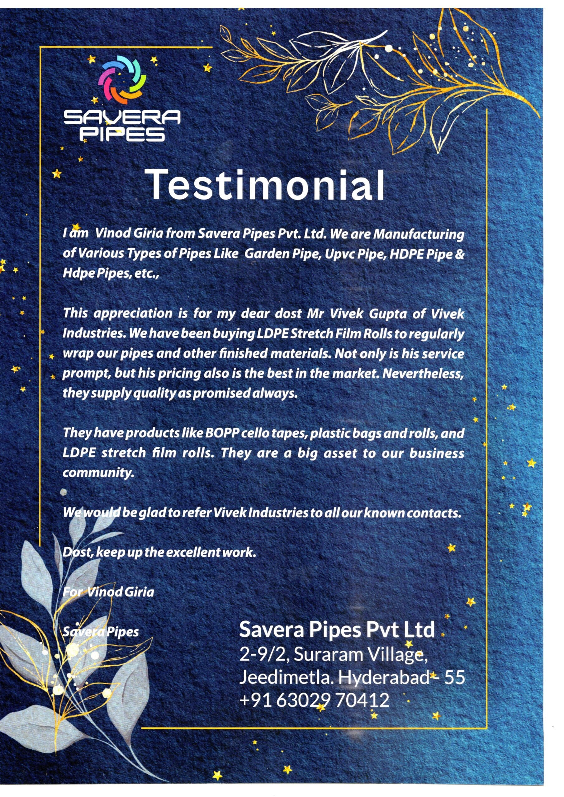 T SAVERA PIEPES VINOD GITIA